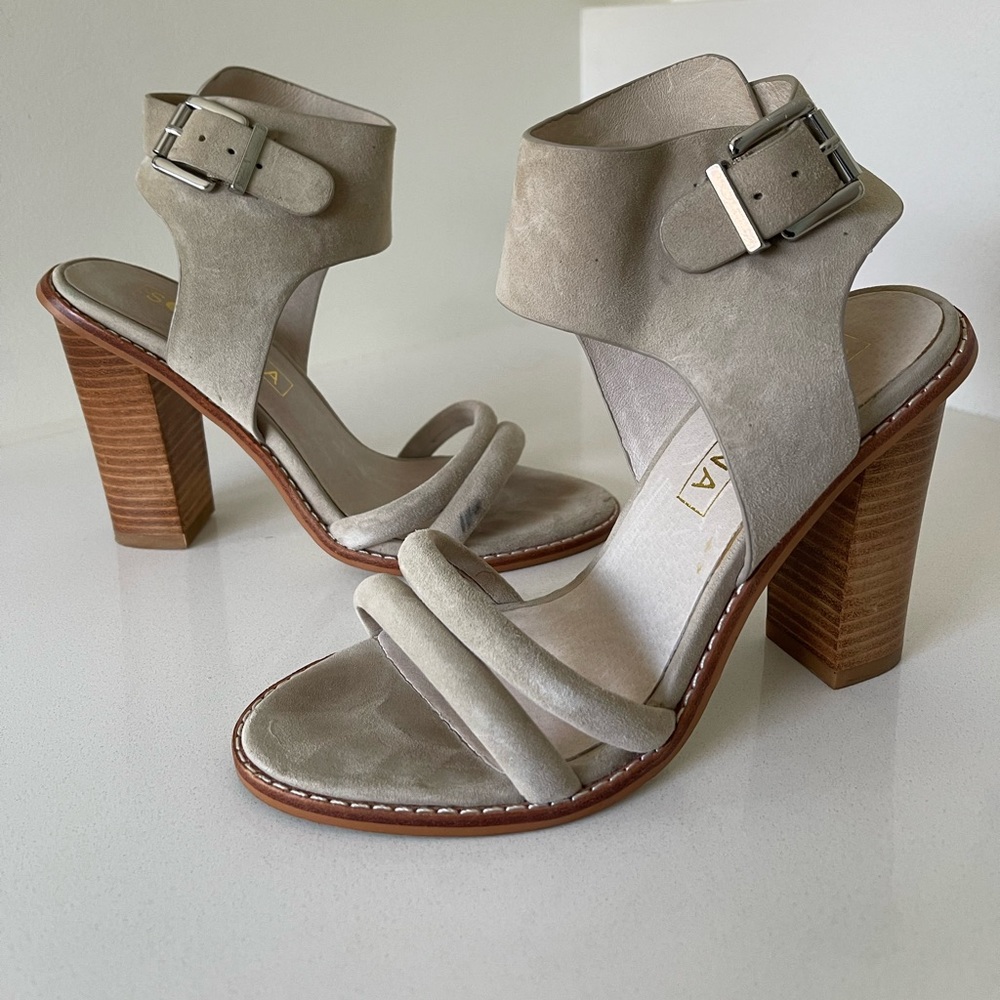 Sol Sana Beige Taupe Heeled Ankle Suede Sandal Shoe Sz 37
